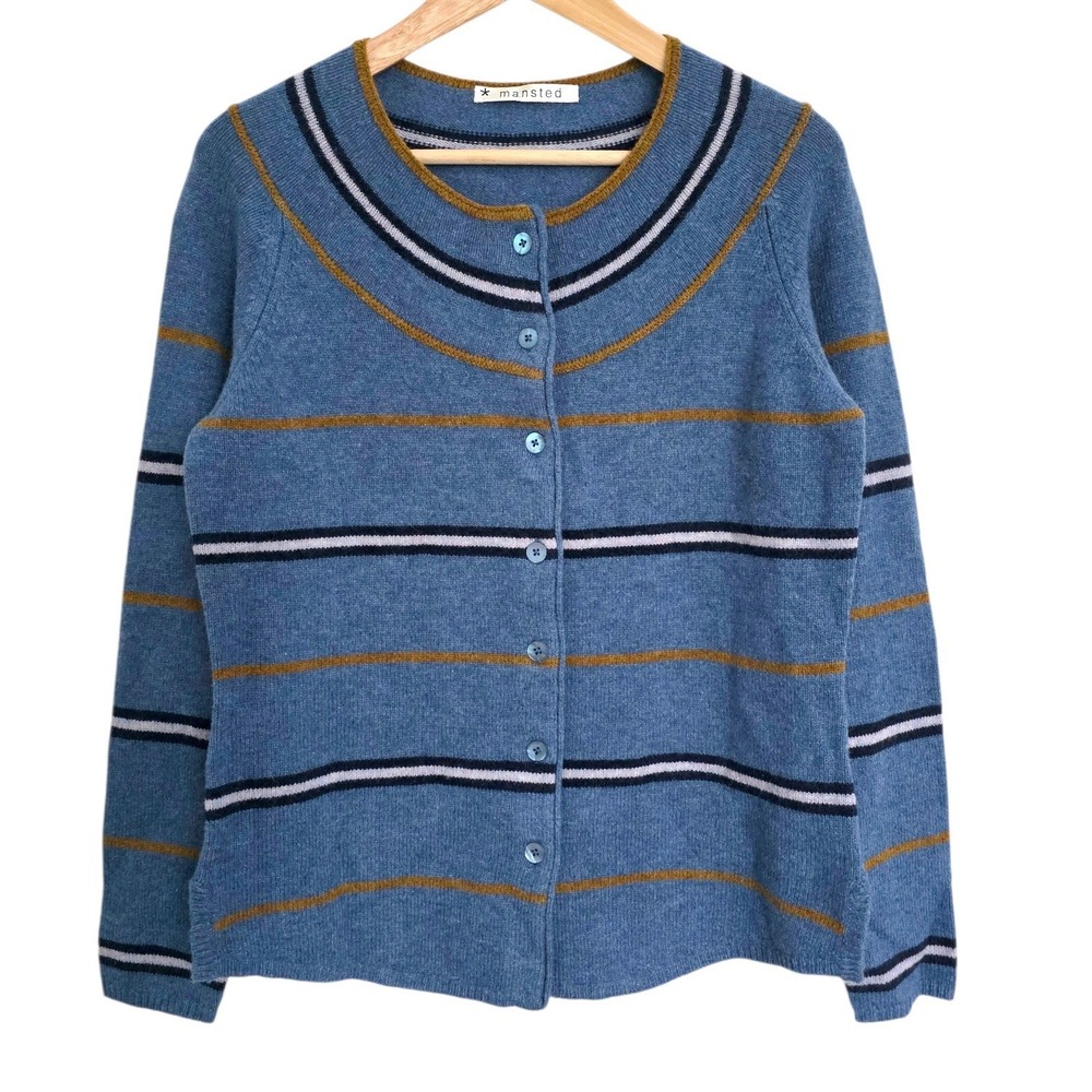 Mansted Blue Striped Yoke Crew Cardigan Lambswool Medium‎